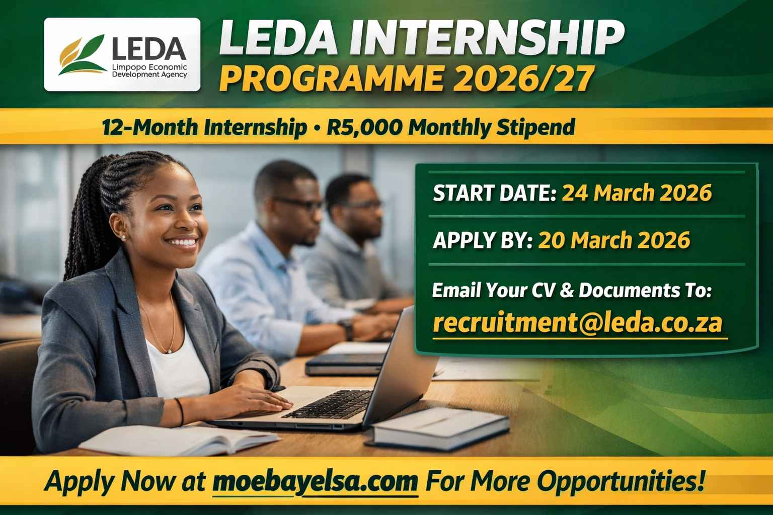 Promotional image for the LEDA Internship Programme 2026/27 showing internship disciplines, stipend, start and closing dates, and application details at moebayelsa.com