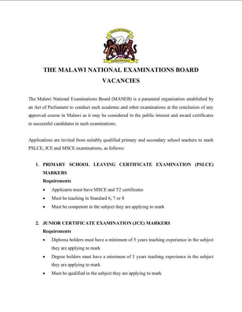 Qualified Malawian teachers submitting applications to become MANEB examination markers for PSLCE, JCE, and MSCE exams in 2026