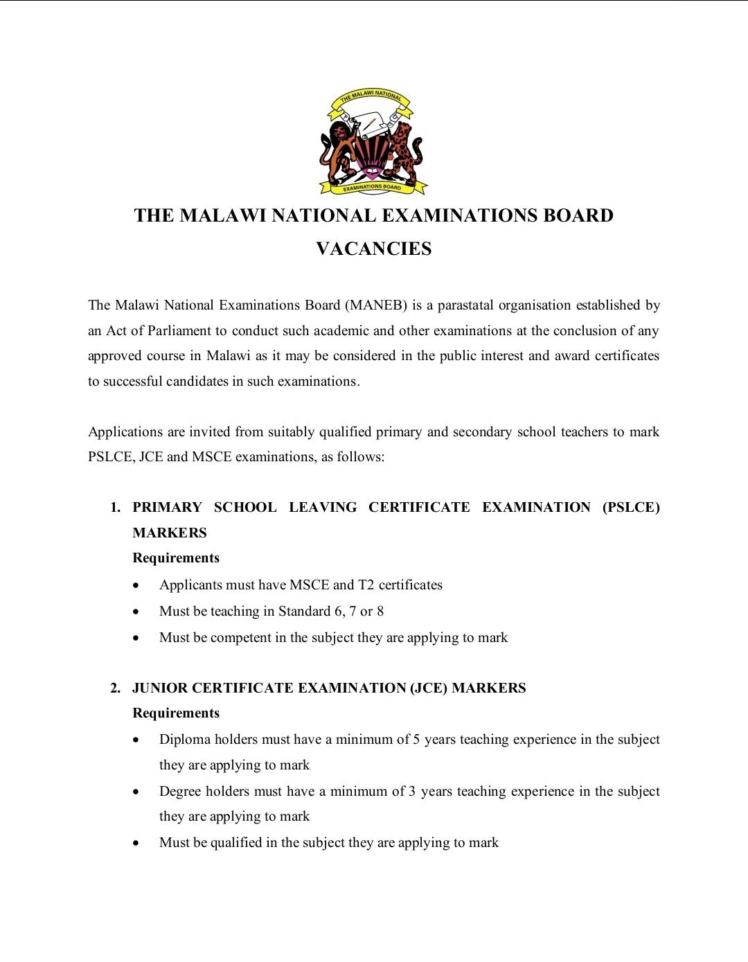 Qualified Malawian teachers submitting applications to become MANEB examination markers for PSLCE, JCE, and MSCE exams in 2026