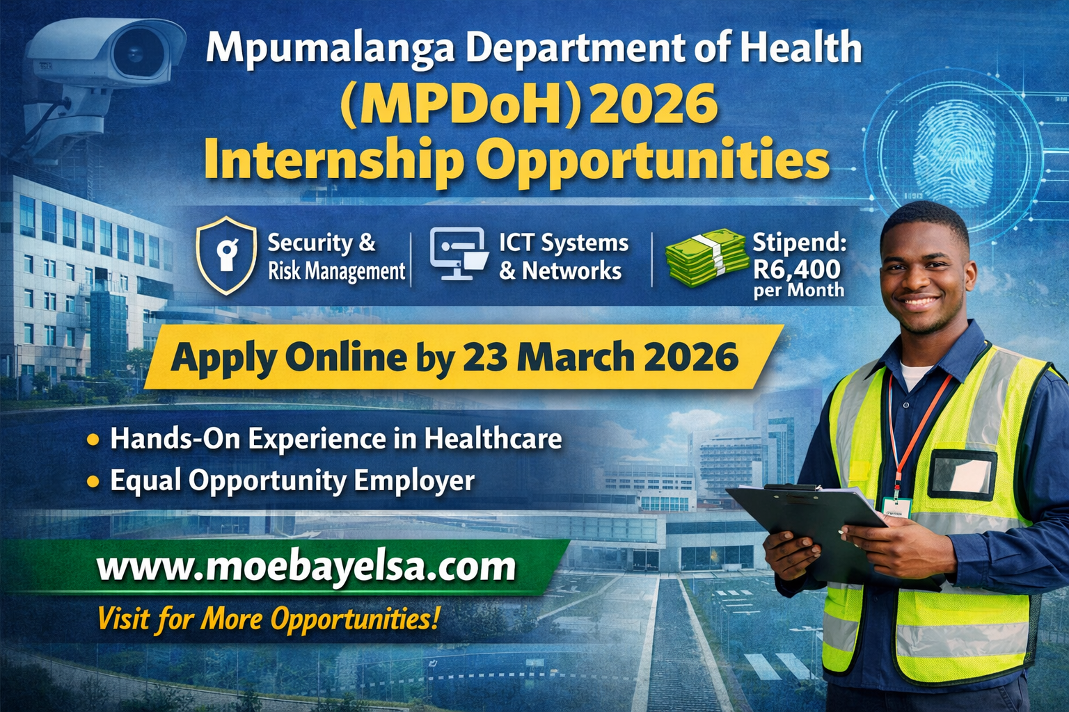 Digital graphic promoting MPDoH 2026 Security, Risk & ICT internships, including stipend, application deadline, and website moebayelsa.com