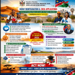 Infographic showing NSFAF 2026 application process, eligibility, deadlines, and reintegration update in Namibia with students and key funding details