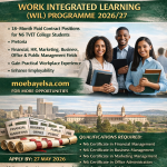 Recruitment poster for National Treasury South Africa WIL Programme 2026/27. Shows 18-month paid contract positions in Pretoria for N6 TVET College students in Financial, HR, Marketing, Business, Office, and Public Management. Includes qualifications required, application deadline 27 May 2026, and website moebayelsa.com for more opportunities.