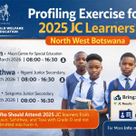 Poster showing 2025 JC learners profiling exercise in Maun, Sehithwa and Tsau with dates, venues and requirements