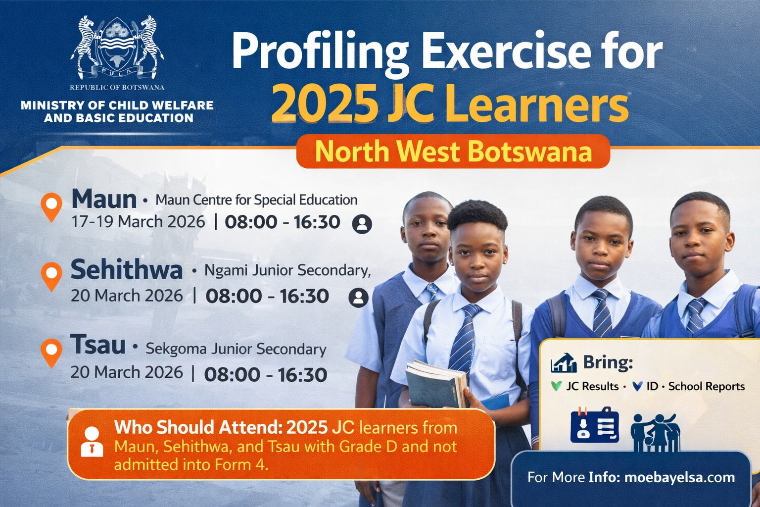 Poster showing 2025 JC learners profiling exercise in Maun, Sehithwa and Tsau with dates, venues and requirements