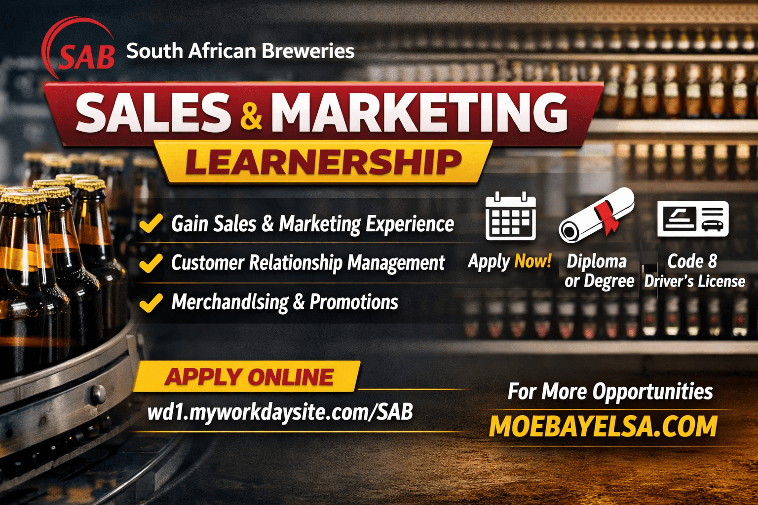 South African Breweries SAB Sales and Marketing Learnership South Africa application details and requirements