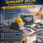 Southern Sphere Platinum Bursary 2026 announcement showing funding up to R200000 for Sekhukhune District students studying engineering, geology, environmental science, IT and related fields.