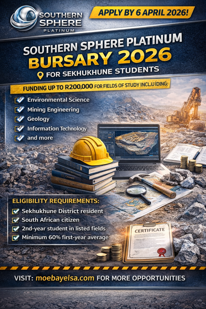 Southern Sphere Platinum Bursary 2026 announcement showing funding up to R200000 for Sekhukhune District students studying engineering, geology, environmental science, IT and related fields.