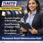Store Administrator job in Randburg at TiAuto Investments Pty Ltd. Infographic highlights key responsibilities including accounts payable and receivable, payroll processing, employee file management, stock control, and compliance. Website moebayelsa.com is featured in the middle.
