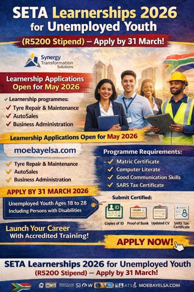 SETA accredited learnership programme 2026 for unemployed youth aged 18 to 28 with training in Business Administration, AutoSales, and Tyre Repair managed by Synergy Transformation Solutions