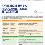 Botswana Open University online programmes 2026 2027 showing certificate diploma degree and postgraduate courses with application deadline 19 June 2026