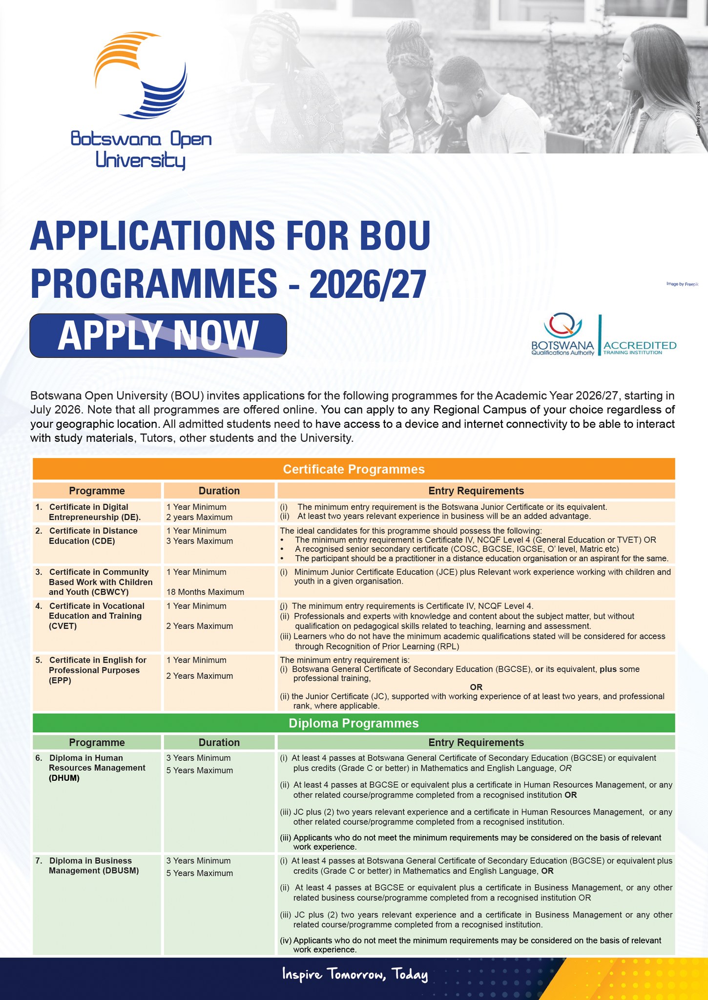 Botswana Open University online programmes 2026 2027 showing certificate diploma degree and postgraduate courses with application deadline 19 June 2026