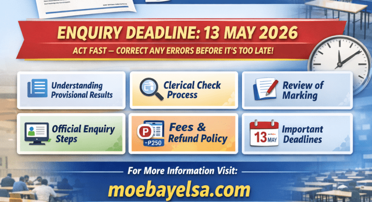 Graphic showing BGCSE 2025 provisional results information, enquiry deadline 13 May 2026, clerical check and review of marking steps.