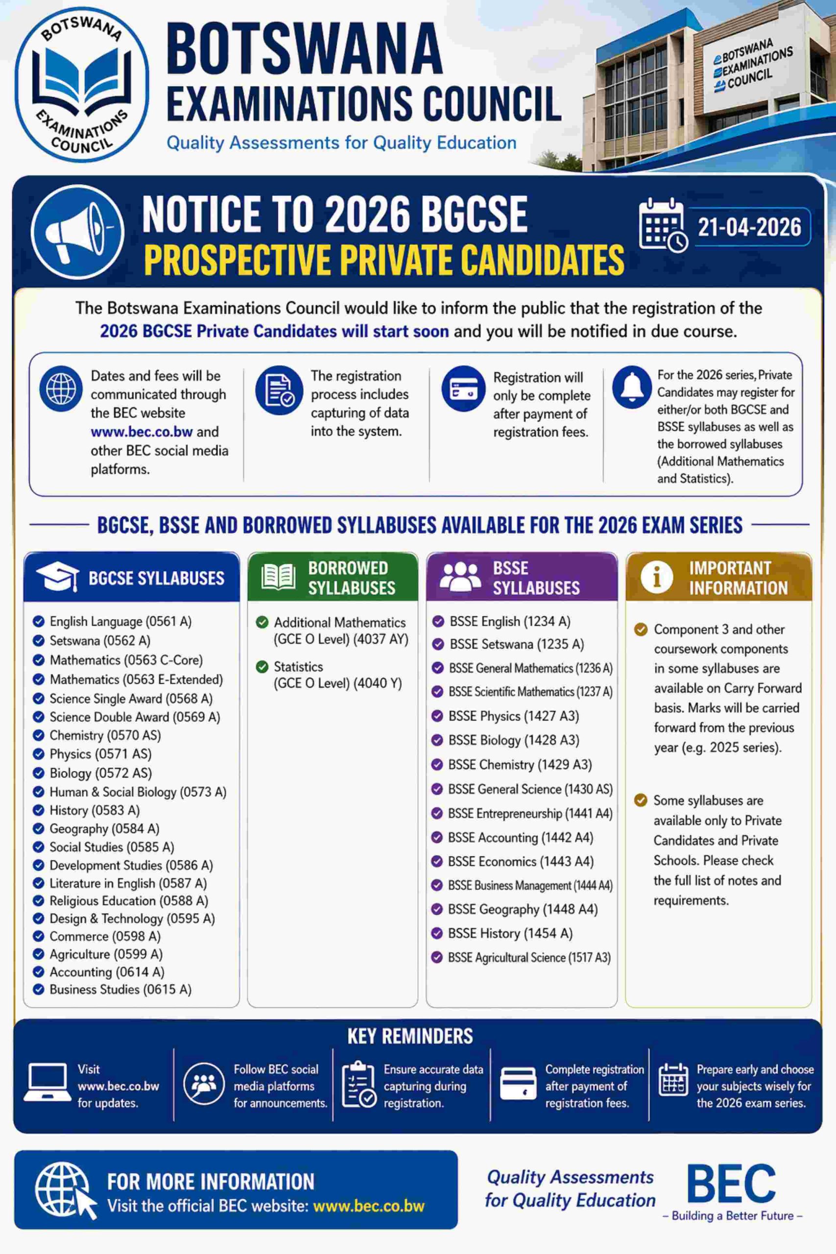 Botswana Examinations Council poster showing BGCSE 2026 private candidates notice with full list of subjects and registration information