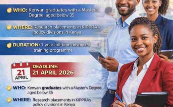 KIPPRA Young Professionals Programme 2026 poster showing application deadline, requirements, and research divisions for Kenyan graduates.