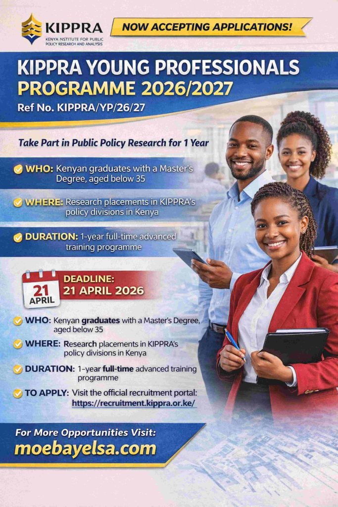 KIPPRA Young Professionals Programme 2026 poster showing application deadline, requirements, and research divisions for Kenyan graduates.