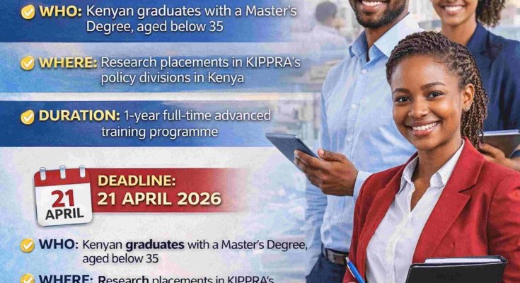 KIPPRA Young Professionals Programme 2026 poster showing application deadline, requirements, and research divisions for Kenyan graduates.