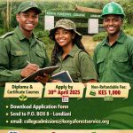Young Kenyan students at Kenya Forestry College Londiani preparing for 2026/2027 forestry training programmes, with details on courses, application deadline, and non-refundable fee.