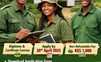 Young Kenyan students at Kenya Forestry College Londiani preparing for 2026/2027 forestry training programmes, with details on courses, application deadline, and non-refundable fee.