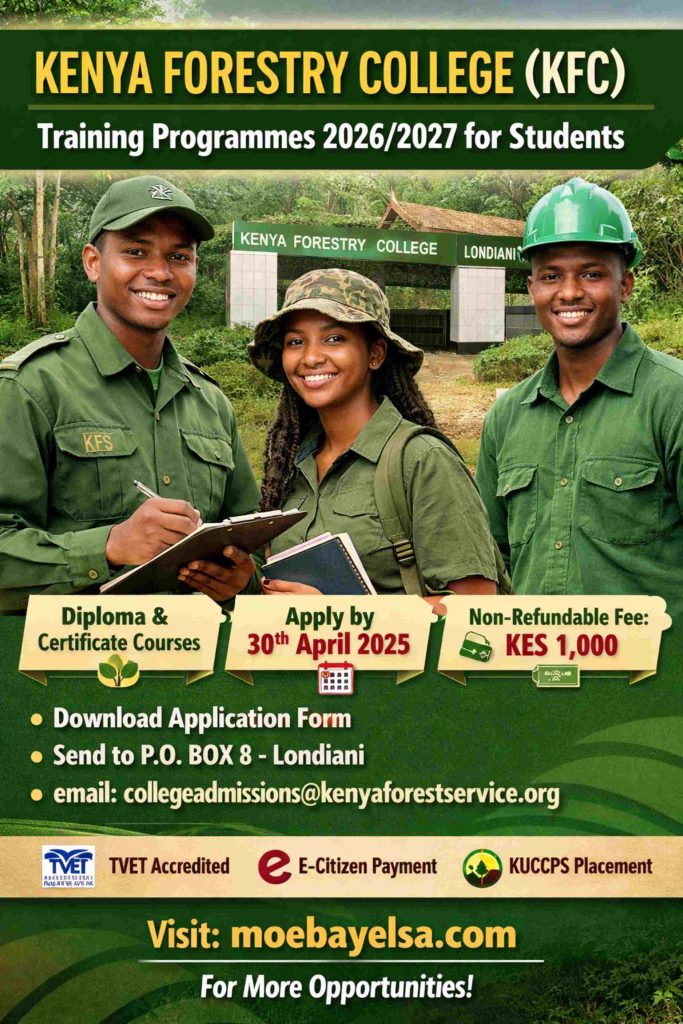 Young Kenyan students at Kenya Forestry College Londiani preparing for 2026/2027 forestry training programmes, with details on courses, application deadline, and non-refundable fee.