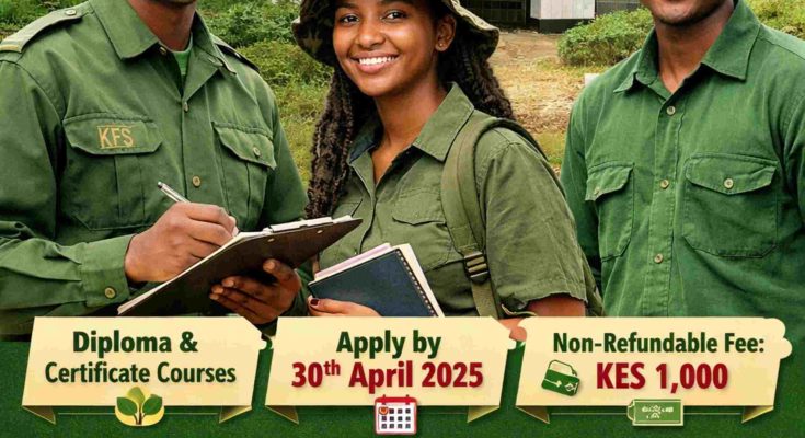 Young Kenyan students at Kenya Forestry College Londiani preparing for 2026/2027 forestry training programmes, with details on courses, application deadline, and non-refundable fee.