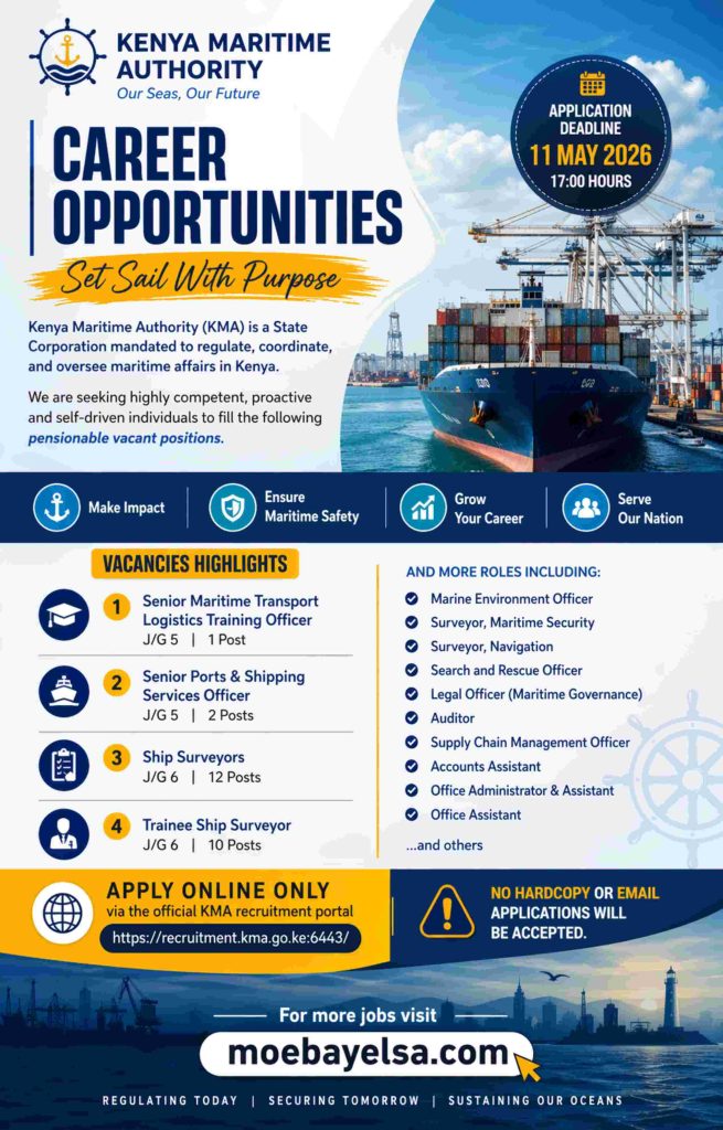 Vertical poster showing Kenya Maritime Authority 2026 job vacancies, maritime ship at port, deadline 11 May 2026, application details, and moebayelsa.com for more jobs
