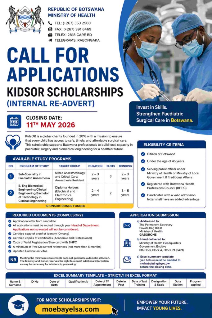 KidsOR Scholarships Botswana 2026 infographic showing eligibility, study programs, required documents, and application deadline 11 May 2026