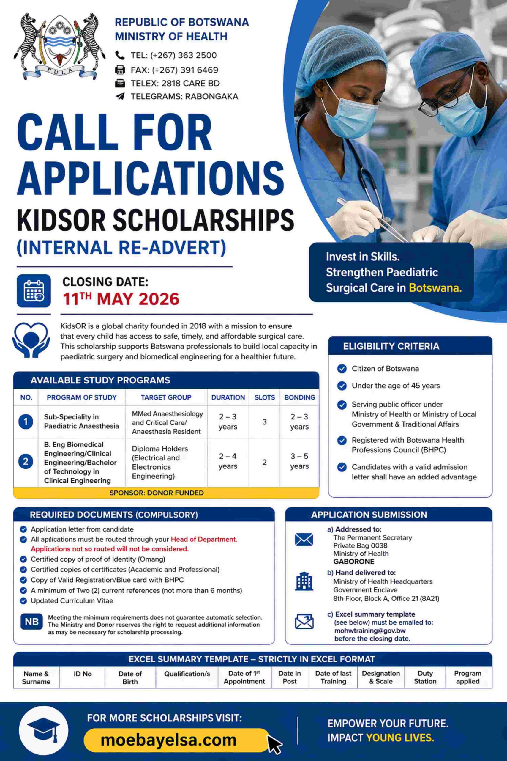 KidsOR Scholarships Botswana 2026 infographic showing eligibility, study programs, required documents, and application deadline 11 May 2026