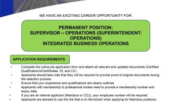 Official Metrobus job advertisement for a permanent Supervisor: Operations position in Johannesburg, showing application requirements and closing date.