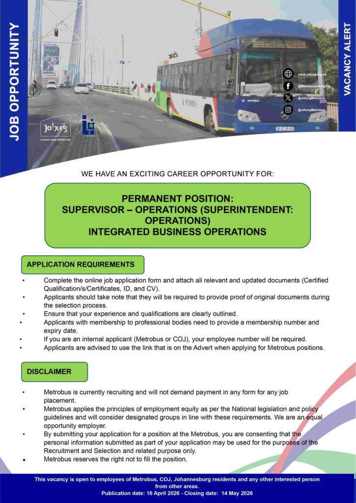 Official Metrobus job advertisement for a permanent Supervisor: Operations position in Johannesburg, showing application requirements and closing date.
