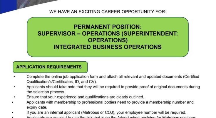 Official Metrobus job advertisement for a permanent Supervisor: Operations position in Johannesburg, showing application requirements and closing date.