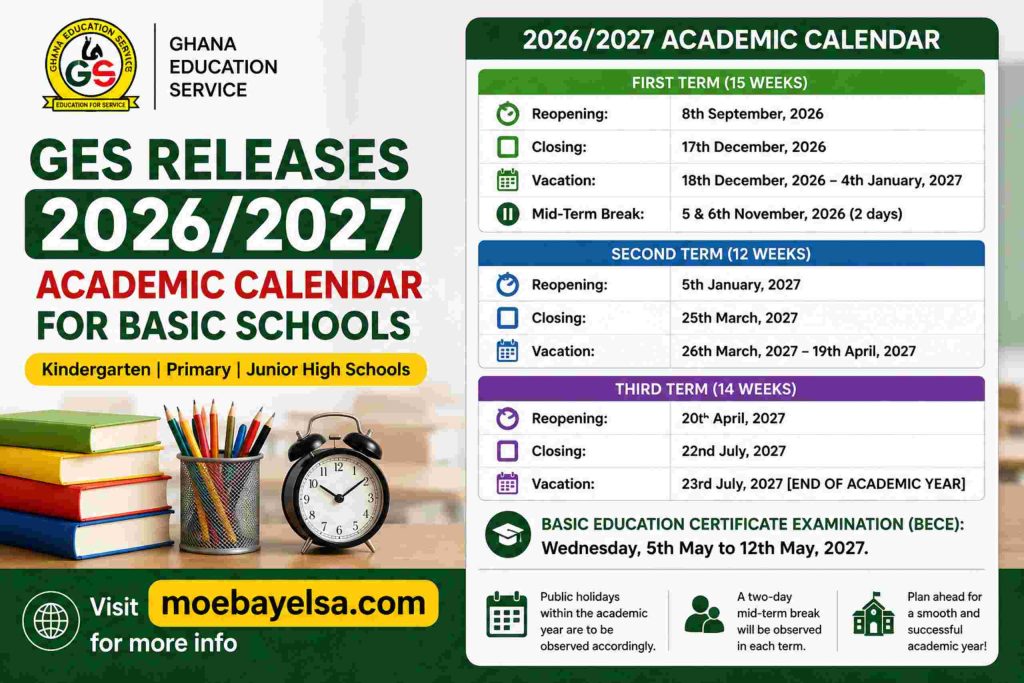 Ghana Education Service 2026 2027 academic calendar poster showing term dates, vacations, mid term breaks, and BECE schedule for basic schools with moebayelsa.com link for more information