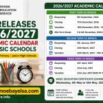 Ghana Education Service 2026 2027 academic calendar poster showing term dates, vacations, mid term breaks, and BECE schedule for basic schools with moebayelsa.com link for more information