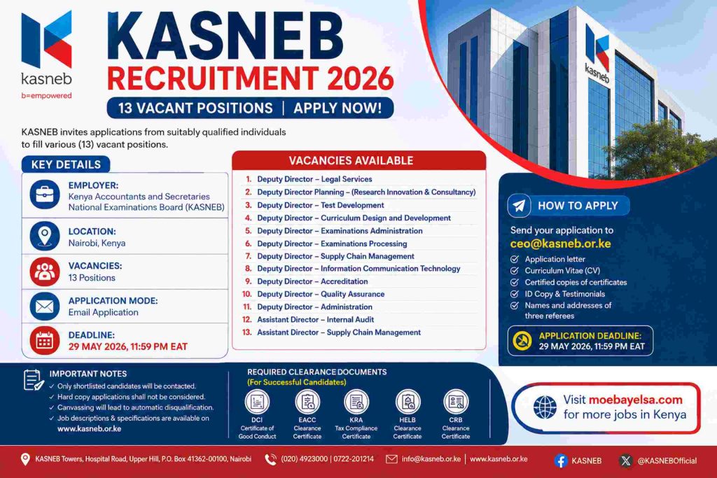 KASNEB recruitment 2026 poster showing 13 job vacancies in Kenya with email application details and deadline 29 May 2026