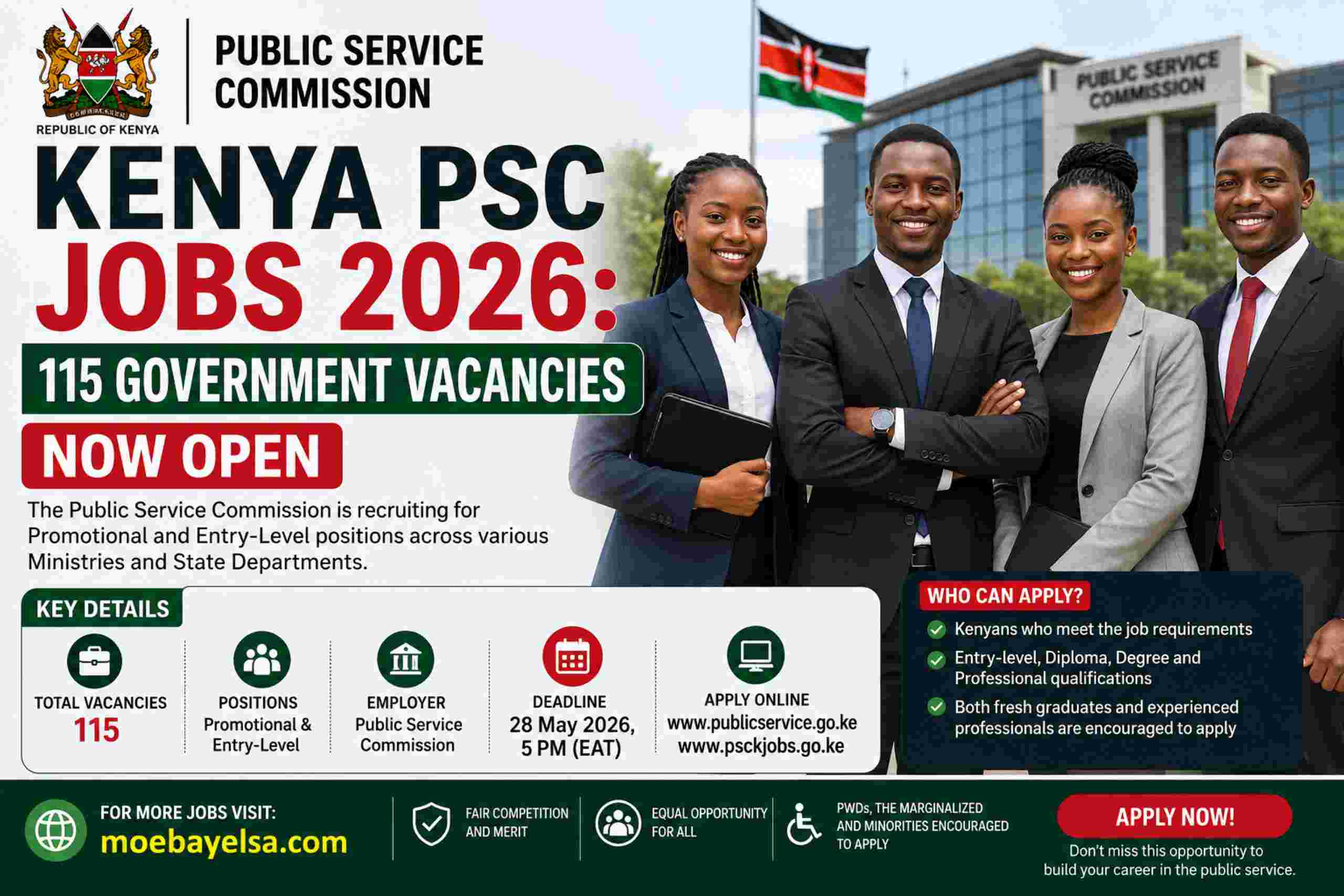 Kenyan professionals with Kenya PSC Jobs 2026 poster showing 115 government vacancies and application deadline 28 May
