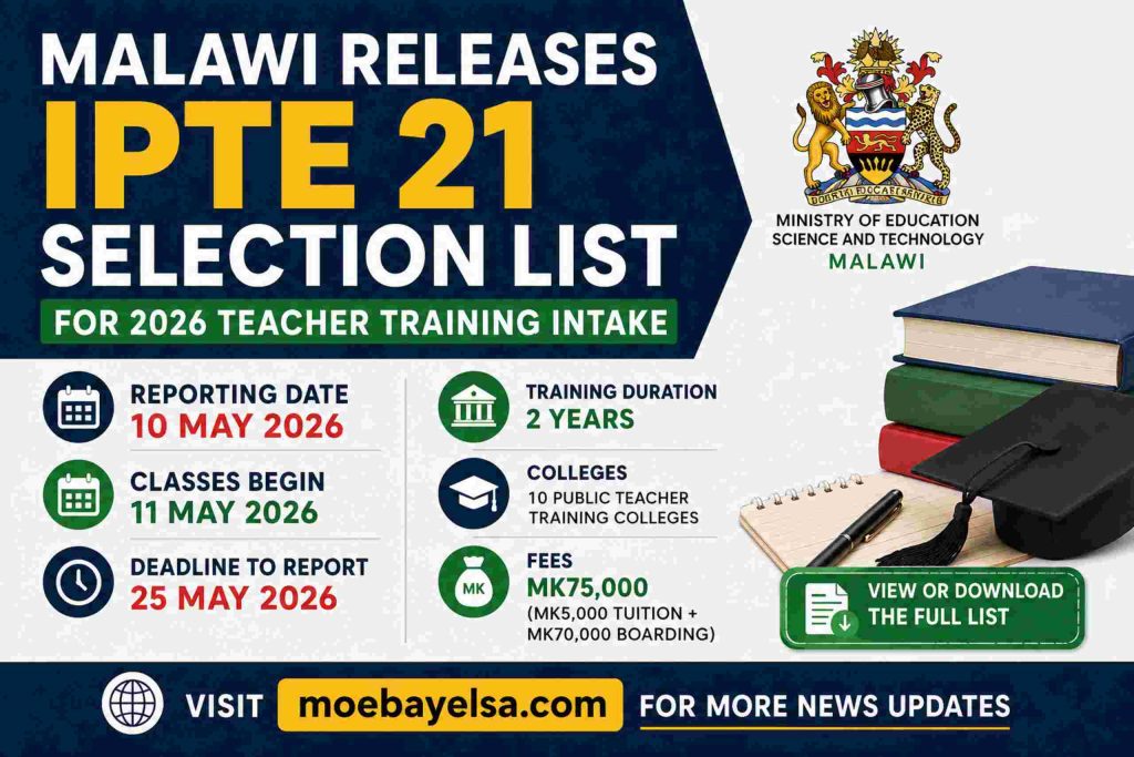 Infographic showing Malawi IPTE 21 selection list release dates, reporting deadline, training duration, and college fees for 2026 intake
