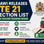 Infographic showing Malawi IPTE 21 selection list release dates, reporting deadline, training duration, and college fees for 2026 intake