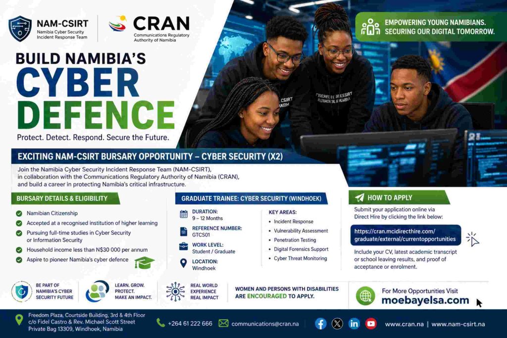 Young Namibian students working on computers in a cyber security training environment promoting NAM-CSIRT bursary and graduate trainee opportunity in Windhoek