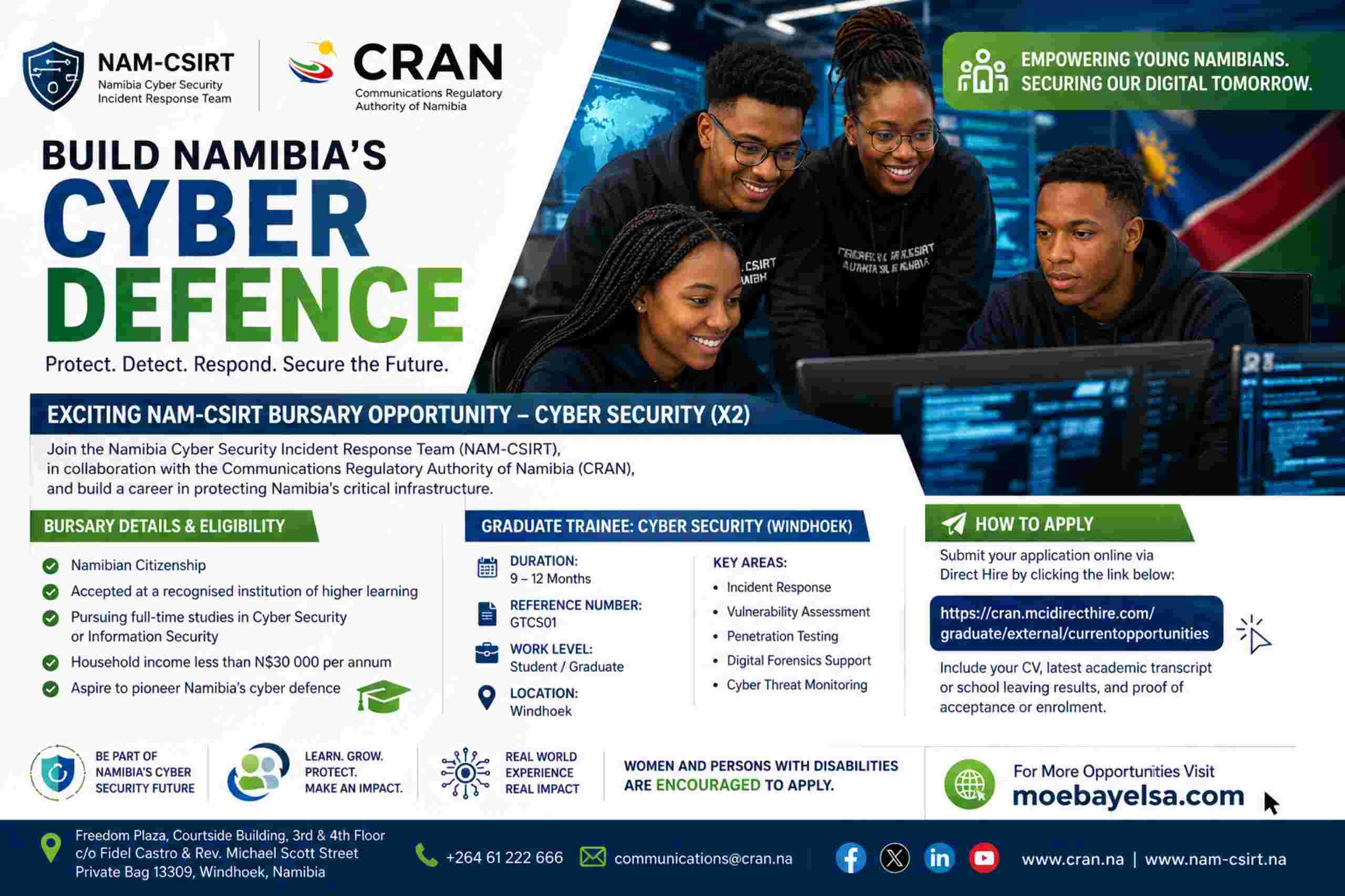 Young Namibian students working on computers in a cyber security training environment promoting NAM-CSIRT bursary and graduate trainee opportunity in Windhoek