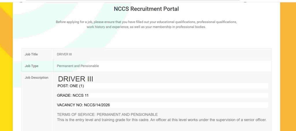 Screenshot of the National Council for Children’s Services (NCCS) recruitment portal showing job details for a Driver III position, Grade NCCS 11, with vacancy number NCCS/14/2026.