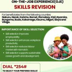 An official Kenyan government flyer for the NYOTA program titled "On-The-Job Experience (OJE) Skills Revision." It lists 14 eligible counties, including Nakuru and Kisumu, highlights the benefits of skill selection like "improving employability," and instructs beneficiaries to dial *254# to select preferred skills. Two young women are pictured smiling and looking at a smartphone.