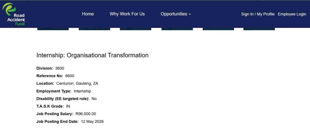 Official Road Accident Fund job posting for Organisational Transformation Internship 2026 in Centurion