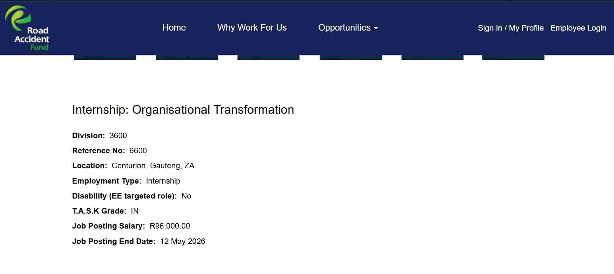 Official Road Accident Fund job posting for Organisational Transformation Internship 2026 in Centurion