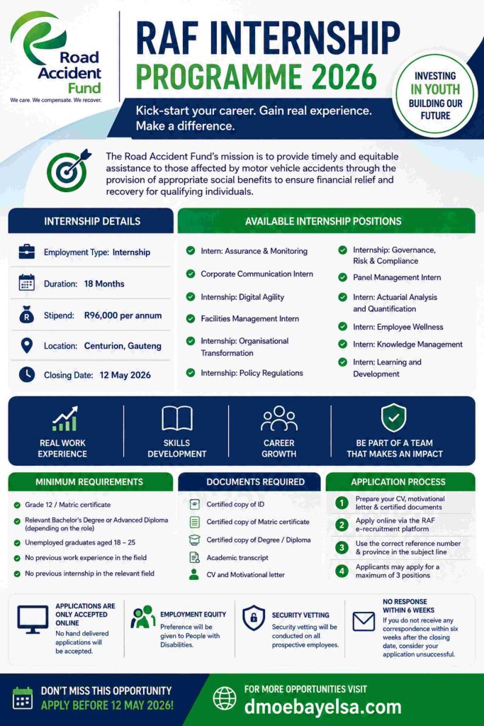 RAF Internship Programme 2026 poster showing internship details, requirements, closing date 12 May 2026, stipend R96,000, multiple internship positions in Centurion Gauteng, and moebayelsa.com for more opportunities