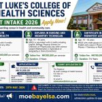 Admission poster for St Luke’s College of Health Sciences August 2026 intake showing diploma and certificate programs, entry requirements, fees, application steps, and contact details with moebayelsa.com for intake updates