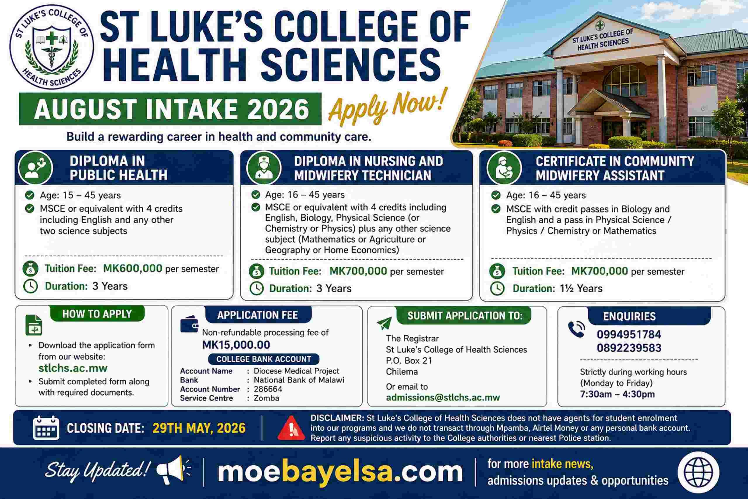 Admission poster for St Luke’s College of Health Sciences August 2026 intake showing diploma and certificate programs, entry requirements, fees, application steps, and contact details with moebayelsa.com for intake updates