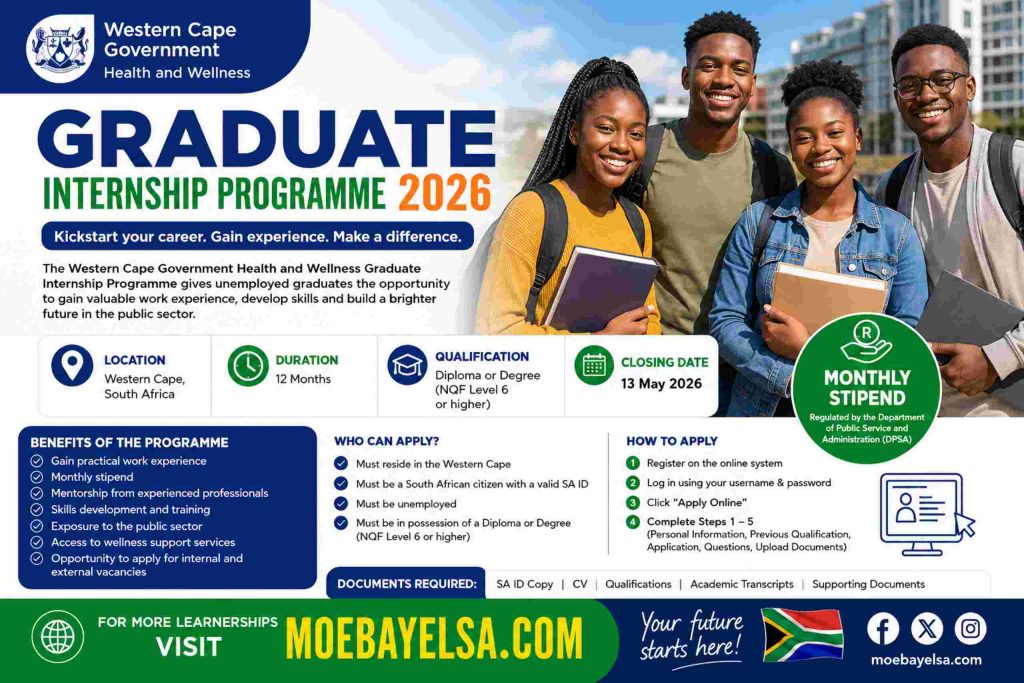 Young South African graduates promoting the Western Cape Government Health and Wellness Graduate Internship Programme 2026 with key application details and closing date.